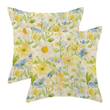 Imagem de Sorktse Capas de almofada floral amarela azul 45,7 cm x 45,7 cm ao ar livre azul amarelo margarida floral conjunto de 2 fronhas verdes primavera verão decoração para sofá quarto almofada de linho