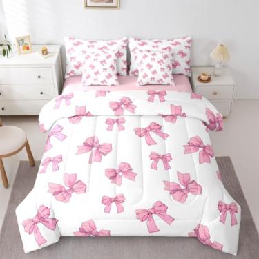 Imagem de Erosebridal Conjunto de edredom feminino com laço e laço rosa, 7 peças | Conjunto de cama com fita kawaii em uma bolsa para quarto, roupa de cama estética com edredom, decoração de quarto de meninas e