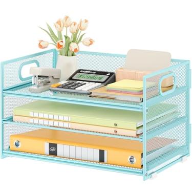 Imagem de Subekyu Organizador de mesa de papel de 3 camadas com alça e 1 bandeja deslizante para cartas, organizador de pastas de arquivo de papel A4, organizador de malha de metal para casa, escritório, escola