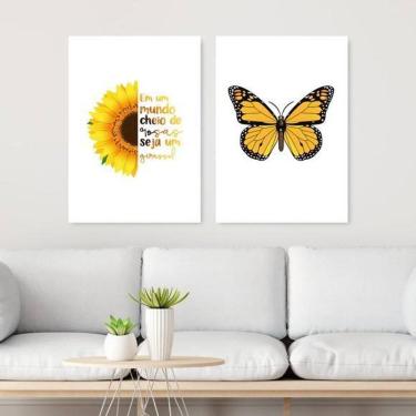 Imagem de Kit 2 Quadros Girassol E Borboleta 33X24Cm Moldura Branca