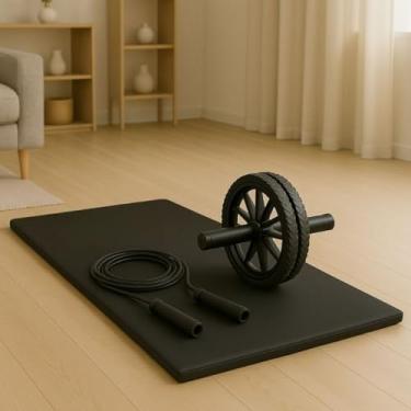 Imagem de Kit Treino Completo em Casa Colchonete Corda de Pular e Roda Abdominal Fitness(Preto)