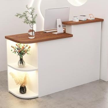 Imagem de Mesa de recepção moderna com gaveta trancável e prateleira de armazenamento de canto - Balcão de caixa de varejo para escritório, salão ou loja de varejo - Mesa de recepção com design elegante (branco