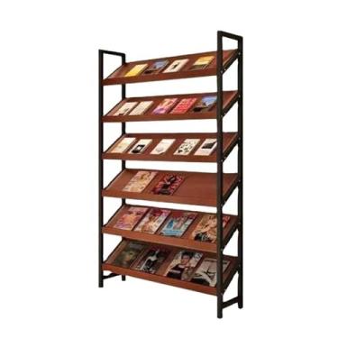 Imagem de CFGH6FDF Suporte de revistas de design moderno Rack de armazenamento de madeira estantes inclinadas para exibição de livros do chão ao teto Suporte de exibição de literatura publicitária (preto + teca
