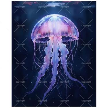 Imagem de Kit de pintura por números Ocean Life para adultos – Pintura DIY de água-viva brilhante em tela de 40,6 x 50,8 cm, conjunto de tinta acrílica, adequado para iniciantes, arte marinha para decoração de