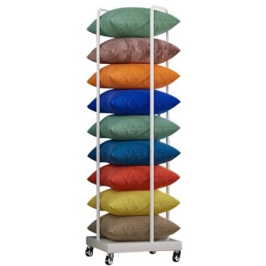 Imagem de Carrinho de armazenamento de almofada de metal móvel para loja de varejo, suporte organizador de almofada quadrada de chão com rodas giratórias, para hotel/loja de têxteis domésticos, economia de