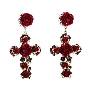 Imagem de Brincos Longos Femininos Em Forma De Cruz Com Flor Rosa Barroca, Moda 