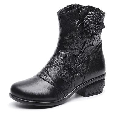 Imagem de Bota feminina de couro até a metade da panturrilha, étnica, floral, bico redondo, salto baixo, cano baixo, com zíper lateral, 1 preto, 38