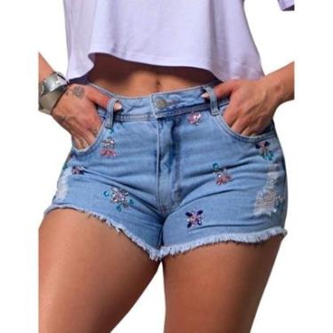 Imagem de Shorts Jeans com Brilho Bordado Feminino Curto Mom-Feminino