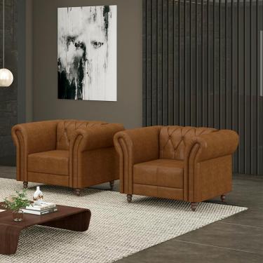Imagem de Kit 2 Poltronas Decorativas Sala de Estar Stanford Chesterfield Pés de Madeira Couro Mel Manchado G58 - Gran Belo
