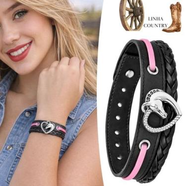Imagem de Pulseira de Couro Feminina Preto e Rosa Coração Cavalo - Granado Acess