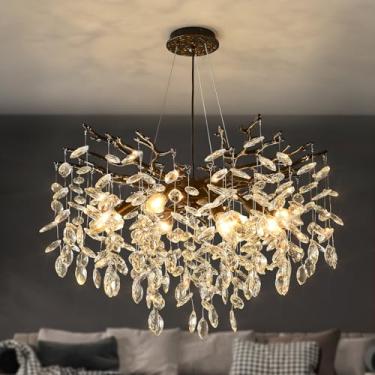 Imagem de EGM Lustre De Cristal Com Galho De Árvore Preto, Luminária De Teto Moderna Em Cristal Com Formato De Gota De Chuva, 8 Lâmpadas (E12), Lustres Redondos Suspensos Para Sala De Jantar, Sala De Estar,