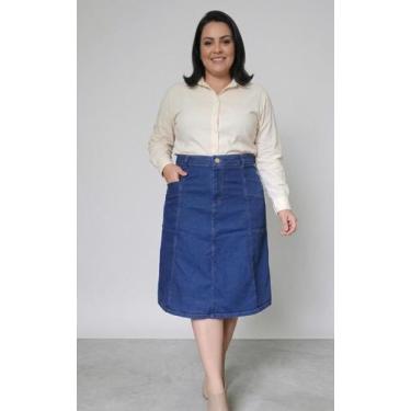 Imagem de Saia Jeans Midi Plus Size Evasê Godê Com Bolsos Cintura Alta - IgorVal