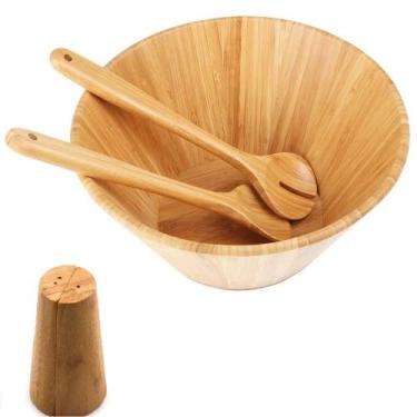 Imagem de Saladeira de 30 cm pegadores em bambu saleiro e Pimenteiro P - MOR