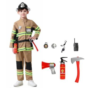 Imagem de AGCOAH Fantasia infantil de bombeiro, chapéu de bombeiro, machado de bombeiro e extintor de incêndio, fantasia de Halloween (marrom 8-9y 11 peças-G)