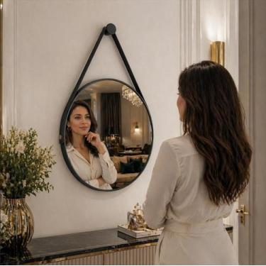 Imagem de Espelho Redondo Decorativo Adnet Suspenso com Alça 30cm + Suporte Pret