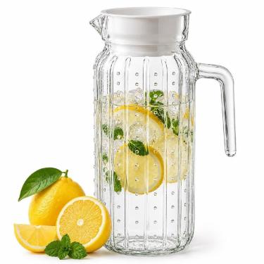 Imagem de Jarra de Vidro com Tampa 1L para Água Suco e Leite com Design Poá Alça Ergonômica para Mesa e Geladeira Transparente