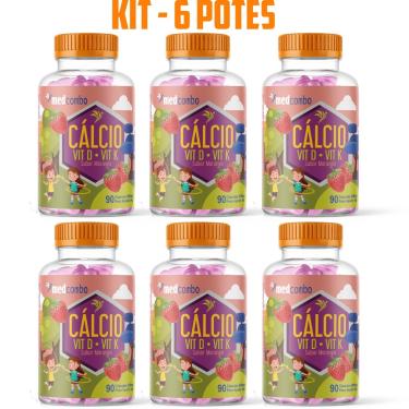 Imagem de Kit Com 6 Cálcio Infantil Vitaminas D e K Sabor Morango 600mg 90 Capsulas Medcombo 