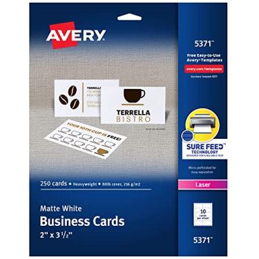 Imagem de Avery Cartões de visita imprimíveis com tecnologia Sure Feed, 5 cm x 8,9 cm, branco, 250 cartões em branco para impressoras a laser (05371)
