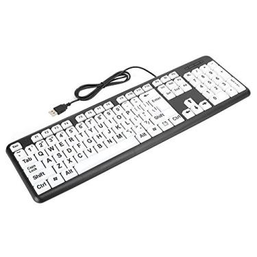Imagem de Teclado de impressão grande, USB com fio para pessoas idosas com teclado de baixa visão com teclas brancas de impressão grandes para idosos (Preto)