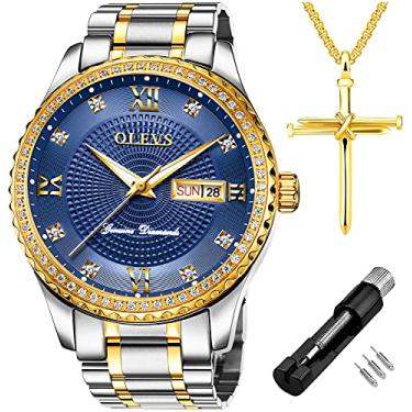 Imagem de OLEVS Relógios de diamante para homens, relógio social à prova d'água luminoso, masculino dourado grande mostrador luxuoso casual quartzo relógios analógicos com calendário de data