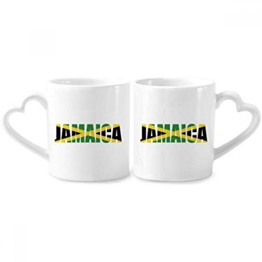 Imagem de Conjunto de canecas de porcelana para casal, nome da bandeira do país da Jamaica com alça de coração
