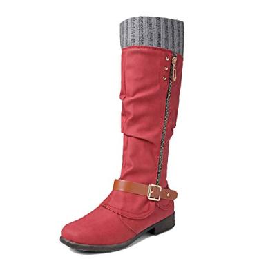 Imagem de Botas femininas de couro na altura do joelho GATUXUS com salto plano, botas de equitação de inverno com fecho de zíper para uso ao ar livre, Vermelho, 9.5