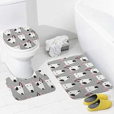 Imagem de Conjunto de tapetes de banheiro e 3 peças de desenho de cães brancos, tapete de banheiro de espuma viscoelástica lavável antiderrapante tapete e tampa para banheiro