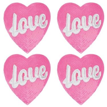 Imagem de INFUNLY 4 peças de apliques de lantejoulas em formato de coração rosa costurados em formato de coração de cristal remendo bordado de coração para roupas, vestido, jeans, camisetas, decoração DIY