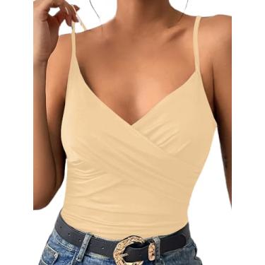 Imagem de Avanova Camiseta feminina sexy de verão com alças finas franzidas e gola V, Damasco, M