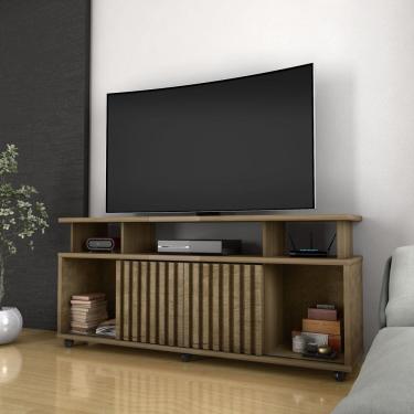 Imagem de Rack Bancada Sala com Pés de Rodinha e 2 Portas Ripada Dallas 160x72cm Canela