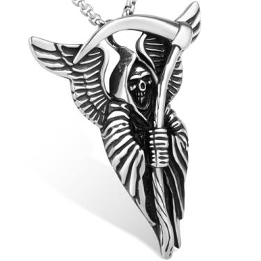 Imagem de LuxGoth Colar gótico de aço inoxidável com foice da morte, pingente de caveira punk Reaper Wings para homens e mulheres GTS-N1L110102, One Size, Aço inoxidável, Sem Pedra Preciosa