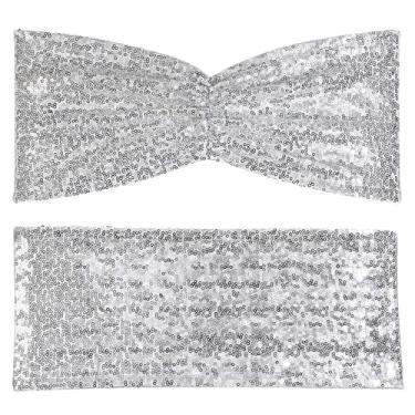 Imagem de 10/50 peças faixas de cadeira dobráveis com lantejoulas douradas fúcsia opcionais, capas de cadeira dobráveis com laço para decoração de festa de casamento, banquete e recepção, prata, 50 peças