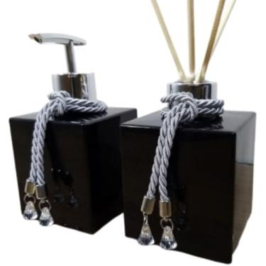 Imagem de Kit Lavabo Aromatizador E Porta Sabonete Líquido - Jogo Para Banheiro Dispenser Organizador - Preto - Luiggi Presentes® (Preto e Prata)