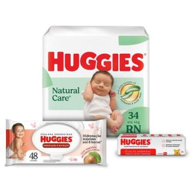 Imagem de Kit 3 Itens Huggies - Lenço Hidratação, Creme e Fralda Natural Care RN