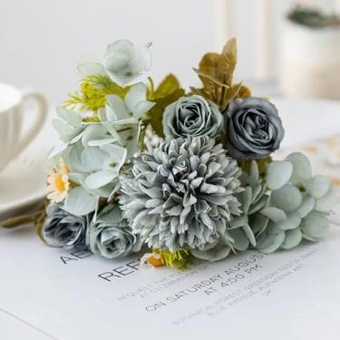 Imagem de 1 peça de flores artificiais para casamento, decoração de quarto, buquê de noiva, jardim, rosas de seda falsas, hortênsias, vaso, placa, ar livre, faça você mesmo (1 peça/azul)