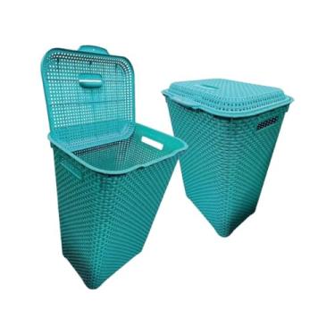 Imagem de Cesto de Roupas Plástico com Tampa 70L Estilo Rattan para Lavanderia e Banheiro (azul)
