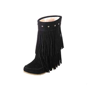 Imagem de Bigfanshu Bota de inverno primavera e outono feminina versátil lazer bota plana salto camurça borla tamanho médio neve bota cano médio moda leve bota até o joelho, Preto, 36 BR