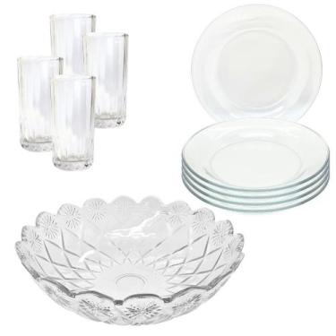Imagem de Aparelho De Jantar Copos Pratos 9 Peças Vidro com Bowl Grande 2,5L - C
