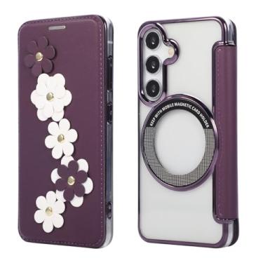 Imagem de Capa carteira para Samsung Galaxy S25, 3 compartimentos para cartão e anel magnético, bloqueio RFID, compatível com carregamento sem fio, traseira transparente, design floral de couro, proteção contra