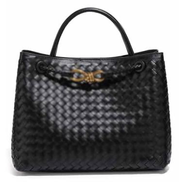 Imagem de Bolsas de tecido para mulheres, bolsa de ombro pequena com laço Hobo, bolsa tiracolo de couro PU, tecido à mão, 25 cm x 8,9 cm x 18,8 cm preta