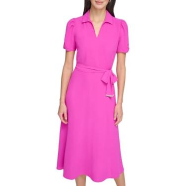 Imagem de DKNY Vestido midi feminino de manga curta e flare, Rosa poderoso, 48