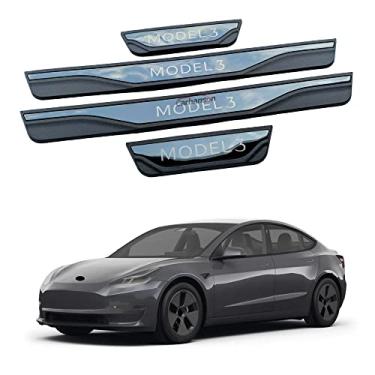 Imagem de GZBFTDH Proteção de Peitoril Soleira da Porta, para Modelo Tesla 3 2020-2022 Carro Acessórios, Aço Inoxidável Kick Plate Guard de Pedal de Limiar Protetor, Peças para Automóveis