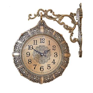 Imagem de Relógio de parede nórdico vintage silencioso dois lados relógios dourados decoração de casa relógios de parede americanos sala de estar (cinza 36 x 40 cm)