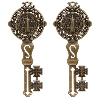 Imagem de Chaveiro de medalha de São Bento | Lindo pingente de parede de 12,7 cm | Acabamento em tom de bronze | Ótimo presente católico de inauguração de casa | Proteção espiritual para casa (Chaves de São