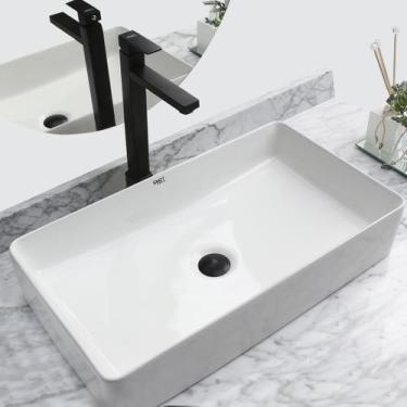 Imagem de Kit Cuba Pia Louça Cerâmica Banheiro C/ Torn e Vál Preta S23 - Smart N