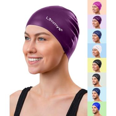 Imagem de Limmys Touca de natação unissex masculina feminina - Toucas de natação femininas 100% silicone - qualidade premium, chapéus de natação elásticos e confortáveis - disponível em diferentes cores atraentes (roxo)