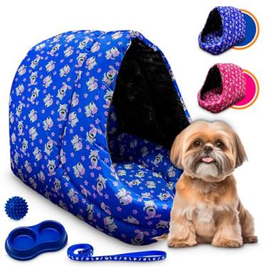 Imagem de Kit Cama Caminha Toca Iglu Bolinha Comedouro Cachorro Gato (Azul)