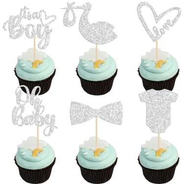 Imagem de Gyufise Pacote com 36 topos de cupcake Oh Baby It's a Boy com gravata e body de amor, coração, prata profunda, glitter, palitos de bolo, palitos para chá de bebê, meninos, artigos de festa de aniversário