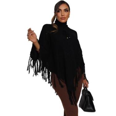 Imagem de Poncho Tricot Franja Gola Alta Blusa Feminino Túnica - anna, Preto, M