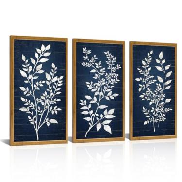 Imagem de WELMECO Decoração de folha azul escura folhas botânicas decoração de parede azul quarto banheiro sala de estar, emoldurado 20 x 40 cm x 3 peças (moldura marrom)